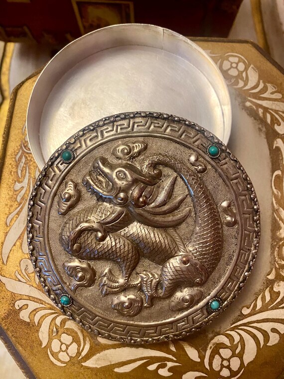 Silver over Copper Dragon Box: Turquoise Glass St… - image 4
