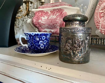Tea Caddy Silver English Lidded Jar Embossed Repoussé Scene Farmhouse Country Kitchen Jar