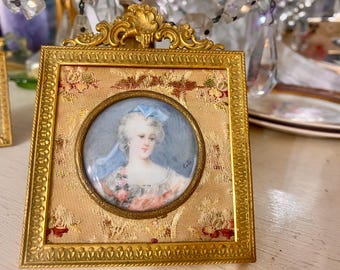 French Miniature Lady Portrait Painting Bronze Gilt Frame Signed 18th Century