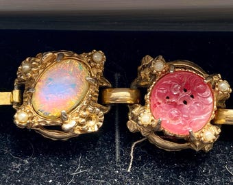 Multi Stone Vintage Bracelet Opal Fire Dragon Jade Cinnabar Costume