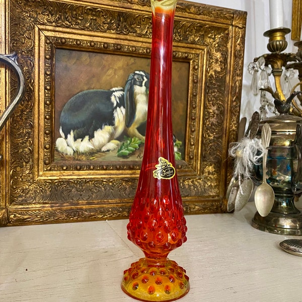 Fenton Amberina Swung Tall Hobnail Vase Paper Label Eleven Inches