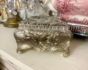 Jewelry Casket Silver Plate Jewelry Box Rectangle Footed Medallion Hinged Lid