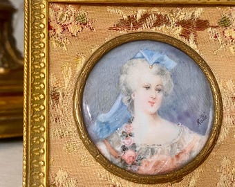 French Miniature Lady Portrait Painting Bronze Gilt Frame Signed 18th Century