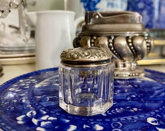 Antique Small Dresser Jar Sterling Silver Lid Ribbed Sidres Lid Embossed