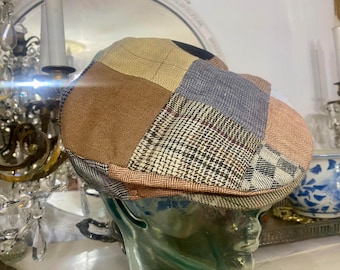 Men's Newsboy Cap Hanna Hats Irish Linen XL Made in Ireland Patch Work Browns
