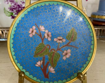 Small Enamel Chinese Cloisonné Plate Brass Trim signed Paper Label