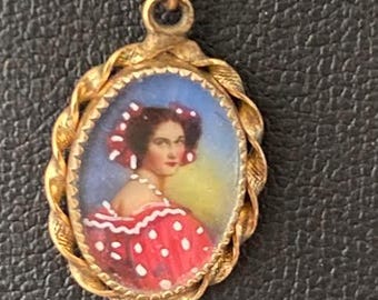 Painted Portrait Lady Pendant Charm on Chain Vintage