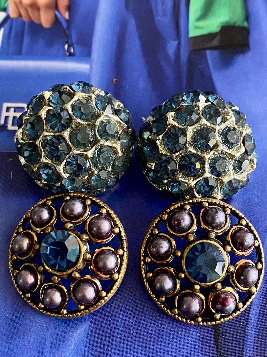 Vintage Navy in Color Rhinestone Buttons Two Sets of Two 4 Adornments ...