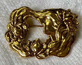 Art Nouveau Lady Face Brooch Open Gold Tone Metal Florals Design
