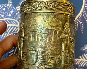 Tea Caddy Silver English Lidded Jar Embossed Repoussé Scene Farmhouse Country Kitchen Jar