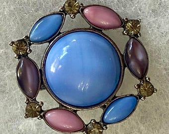 Blue Stone Brooch Rhinestones Pink Stones Vintage Brooch One Inch