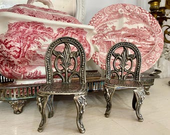 Set Two Small Silver Plated Display Chairs Home Decor