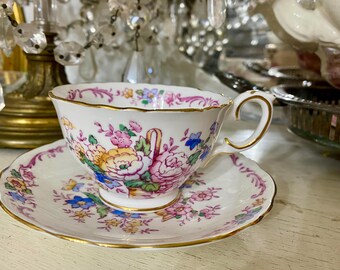 Crown Floral Basket Tea Cup Saucer Set Staffordshire England Fine Bone China