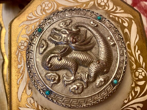 Silver over Copper Dragon Box: Turquoise Glass St… - image 2