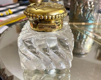 Heavy Swirl Pattern Crystal Ink Well Brass Floral Hinge Lid Desk Accessory