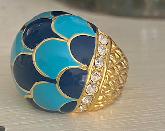 Enamel Dome Ring With Crystals  Costume Statement Ring Size 8 Turquoise Navy Blue Gold Trim