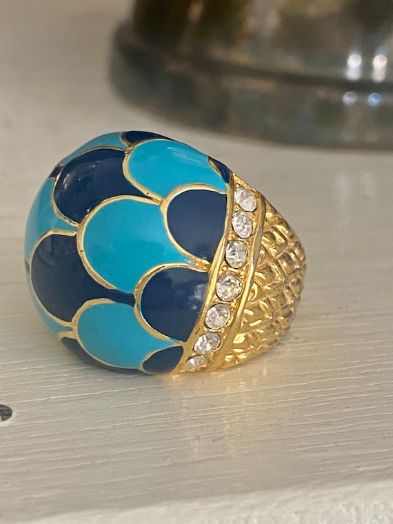 Enamel Dome Ring With Crystals  Costume Statement 