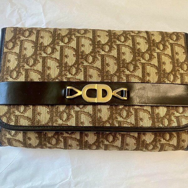 Christian Dior Brown with Leather Trim Clutch Authentic CD Monogram Logo Vintage Missing Chain Handle