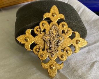 Vintage Fleur de Lis  Fredrick Gold Brooch Signed Middle Emblem Four Corners Fleur de Lis Costume Jewelry