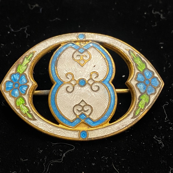 Vintage Genuine  Cloisonné Brooch White Blue C Clasp Signed