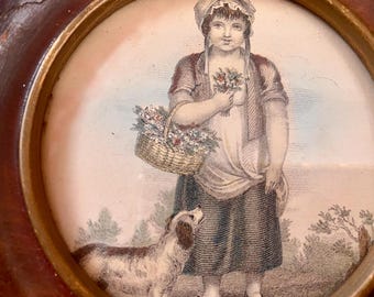 Round Walnut Framed Pictures of Girl With Her Dog and Basket Flowers Backs project