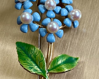 Krementz Floral Brooch: Seed Pearls, Enamel Flower, Signed