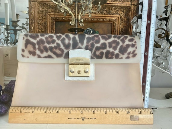Furla Shoulder Bag Ivory Animal Print Trim Gold Hardware Lock