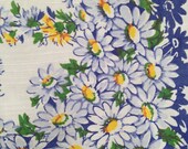 Mid century Tablecloth in fine Irish linen,daisies in white and yellow, French blue,French country, farmhouse, picnics,beach, cottage,summer