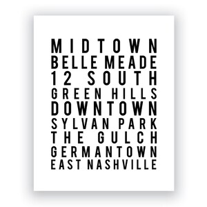 May include: Black and white text print with the names of different neighborhoods in Nashville, Tennessee. The text reads: Midtown, Belle Meade, 12 South, Green Hills, Downtown, Sylvan Park, The Gulch, Germantown, East Nashville.