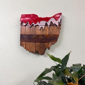 1’ Metallic Silver and Red Waxed Ohio State Bourbon Barrel Wood Cutout with Rings