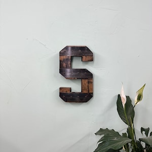 Puede incluir: Un número cinco de madera con detalles metálicos, montado en una pared de color verde claro. Una planta de espatifilo se encuentra en la esquina inferior derecha de la imagen.