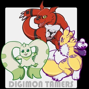 Peut inclure: Une illustration de trois personnages de Digimon en dessin animé : une créature ressemblant à un dragon rouge et noir, une créature ressemblant à un renard jaune et blanc et une créature ressemblant à un lapin vert et blanc. Le texte "Digimon Tamers" est en bas de l’image.