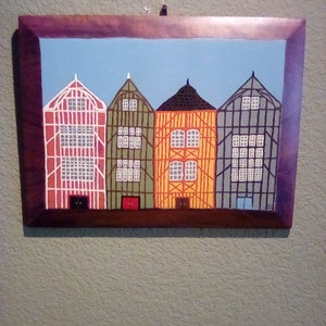 Original Painting, Houses of Amsterdam on a Solid Walnut Raised Panel, Home Decor, Landscape, Hand Painted, Original, European