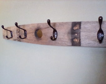 Wine Barrel Stave Hat and Coat Rack with Four Hooks, Bung Hole, Rustic Finish, Home Decor, Storage