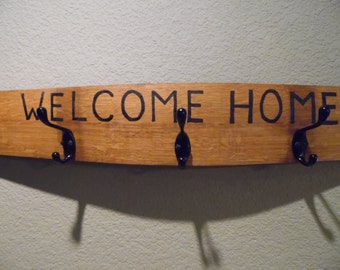 Welcome Home Wine Barrel Stave Hat and Coat Rack with Five Hooks, Home Decor, Storage