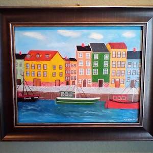 Original Oil Painting, Amsterdam Canal and Boat Scene, Framed and Ready to Hang, Home Decor, Landscape, 11 x 14 Canvas Panel, Framed