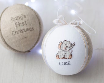 Baby's first Christmas ornament with grey baby elephant with custom text