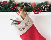 Personalized red linen Christmas Stocking