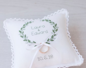 Personalized Ring Bearer Pillow white with laurel wreath