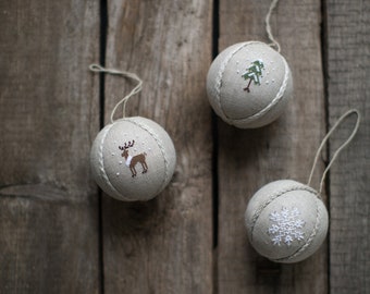 Set of 3 rustic natural linen Christmas ornaments