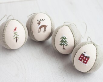 Set of 4 Christmas ornaments, hygge Christmas decor, Christmas tree decoration, rustic Christmas ornament