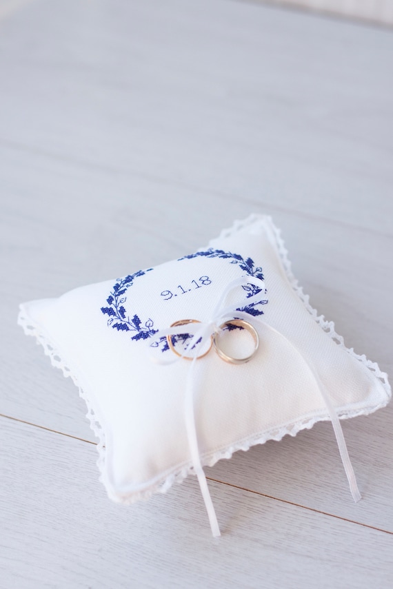 Ring Bearer Pillow Wedding Ring Pillow White Navy Blue Ring Etsy