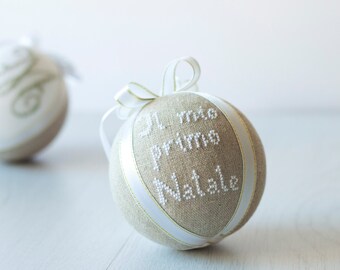 Monogrammed Christmas Ornament - Personalized Ornament - Custom Ornament - natural linen covered