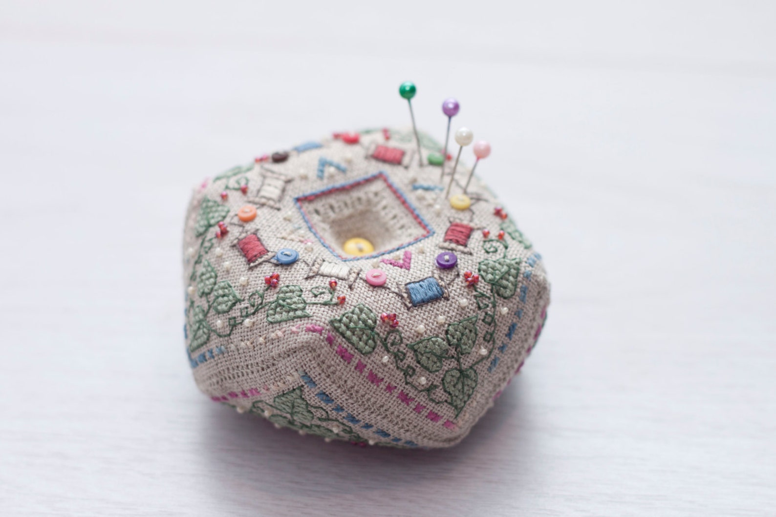 PIN CUSHION biscornu with cross stitch leaves and fiber Etsy