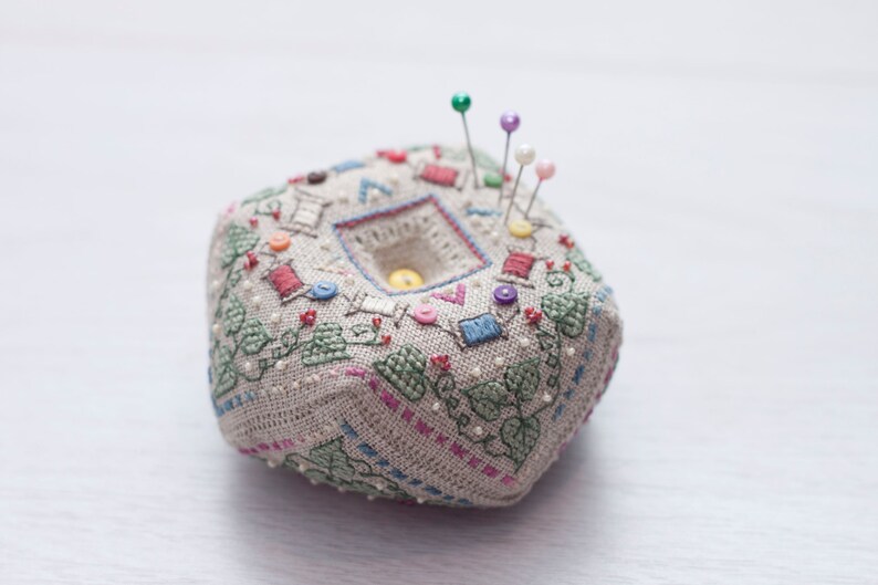 PIN CUSHION biscornu with cross stitch leaves and fiber Etsy