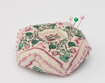 PIN CUSHION  biscornu with cross stitch flowers and butterflies