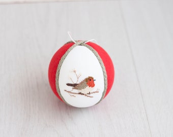 Christmas Ornament, Decoration christmas tree ball natural linen covered with cross stitch bird Robin