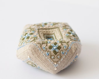 Pin cushion  biscornu with cross stitch flowers