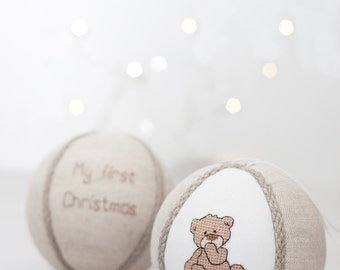 Baby's first christmas ornament, custom christmas decoration natural linen decorated with cross stitch picture