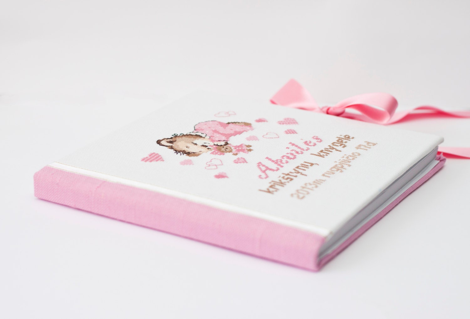 Personalized baptism guest book natural white and pink linen Etsy